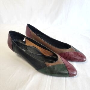 Air Step Vintage Pointed Toe Patchwork  Leather Wedge Heel black red women's 10